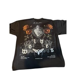 Black Graphic Print T-Shirt with Roses and Text Design